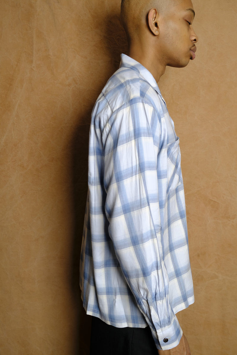 open collar long sleeve shirt in blue cotton/rayon