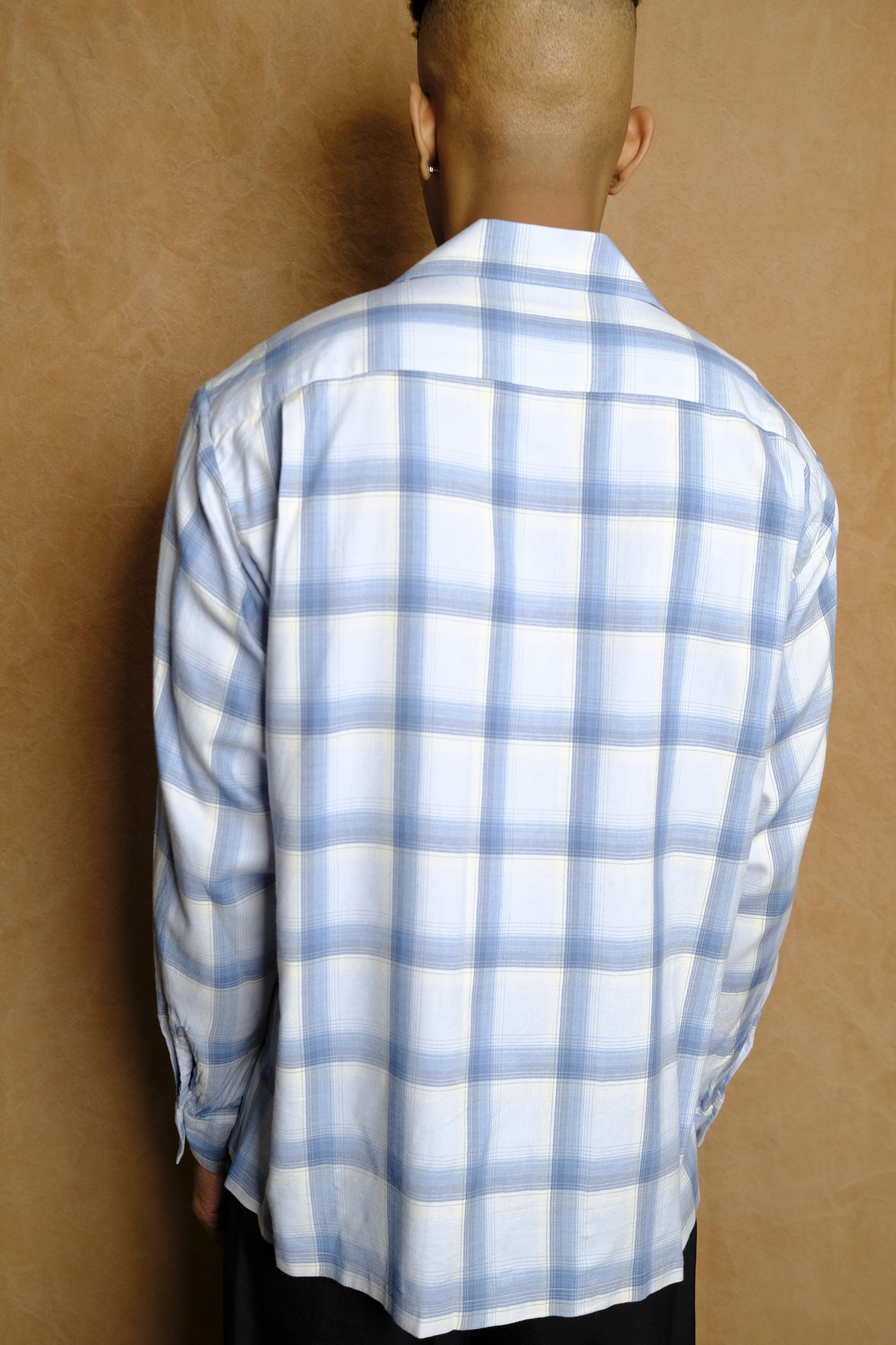 open collar long sleeve shirt in blue cotton/rayon