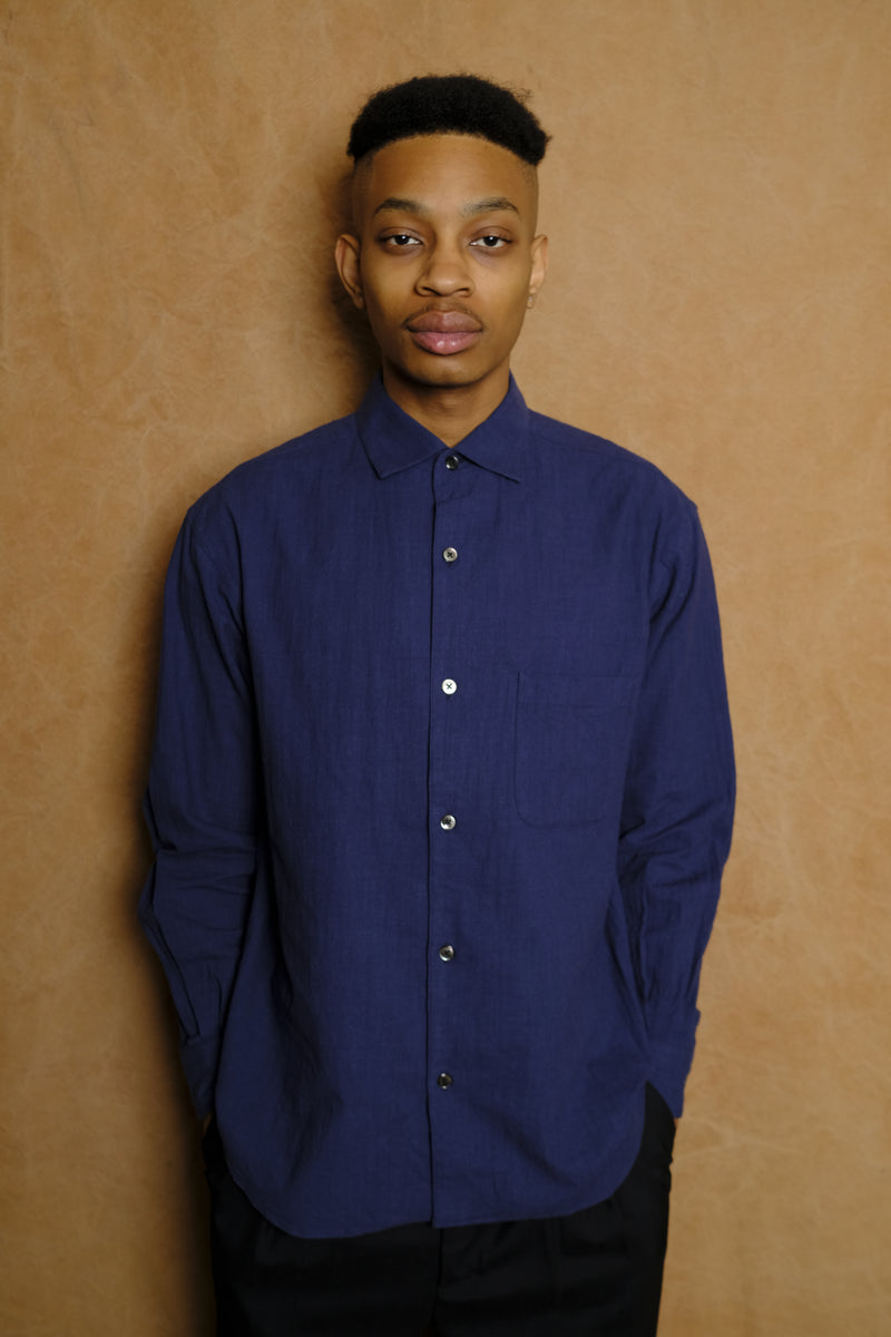 italian collar long sleeve shirt in navy cotton