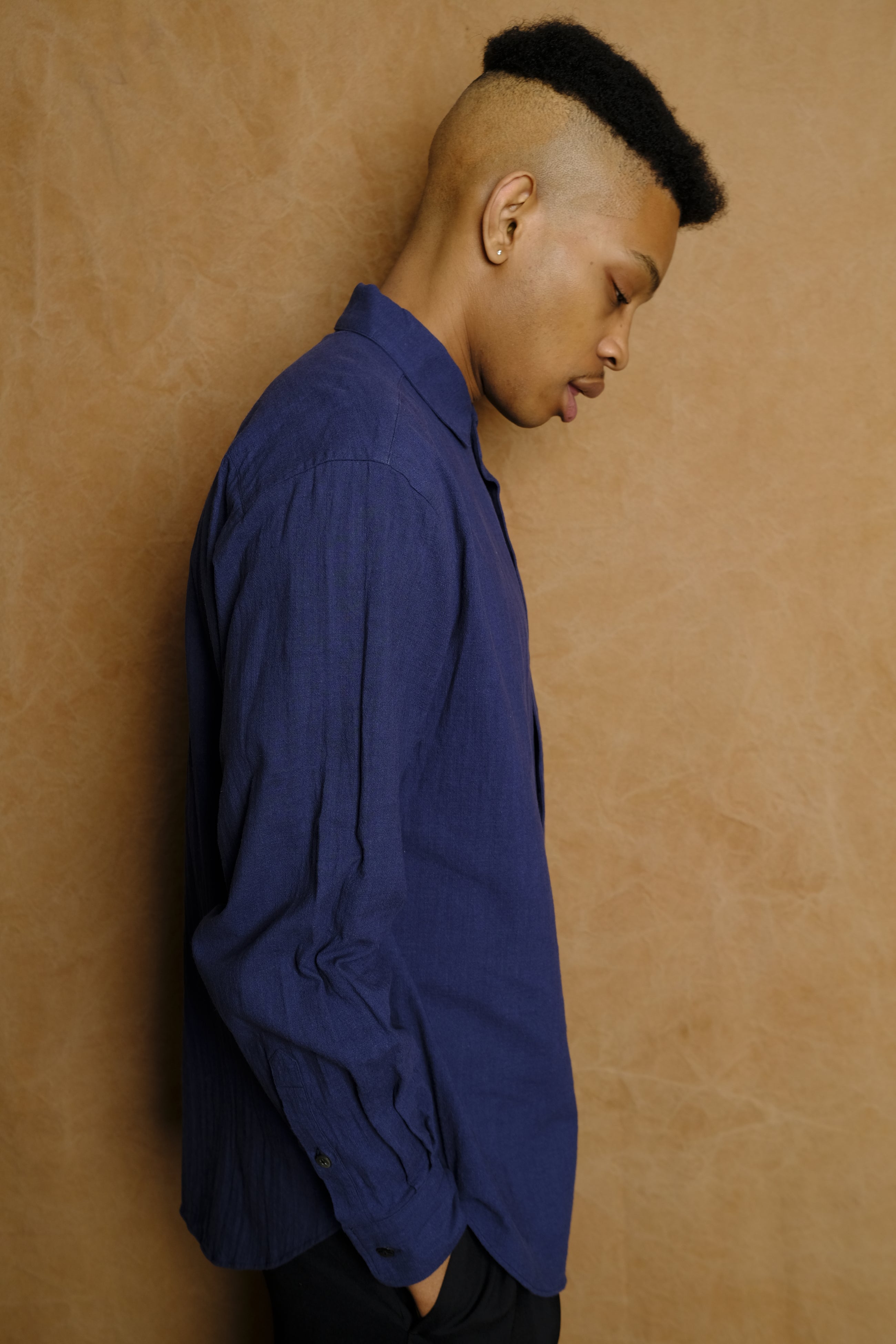 italian collar long sleeve shirt in navy cotton