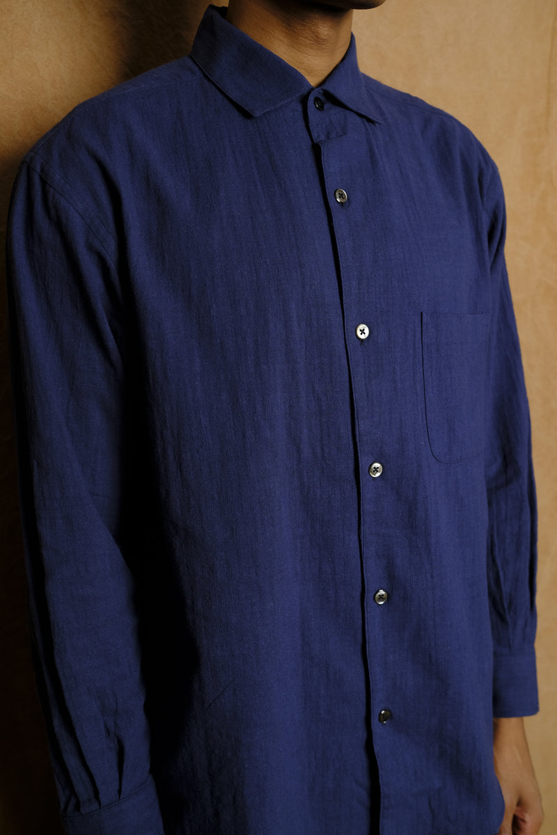 italian collar long sleeve shirt in navy cotton