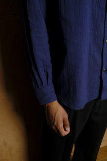 italian collar long sleeve shirt in navy cotton