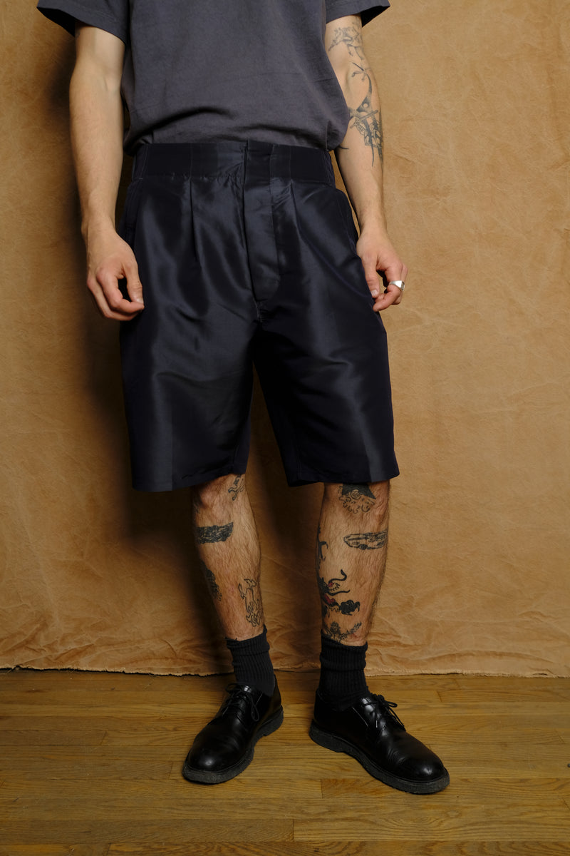 silk blend set up tucked shorts in navy