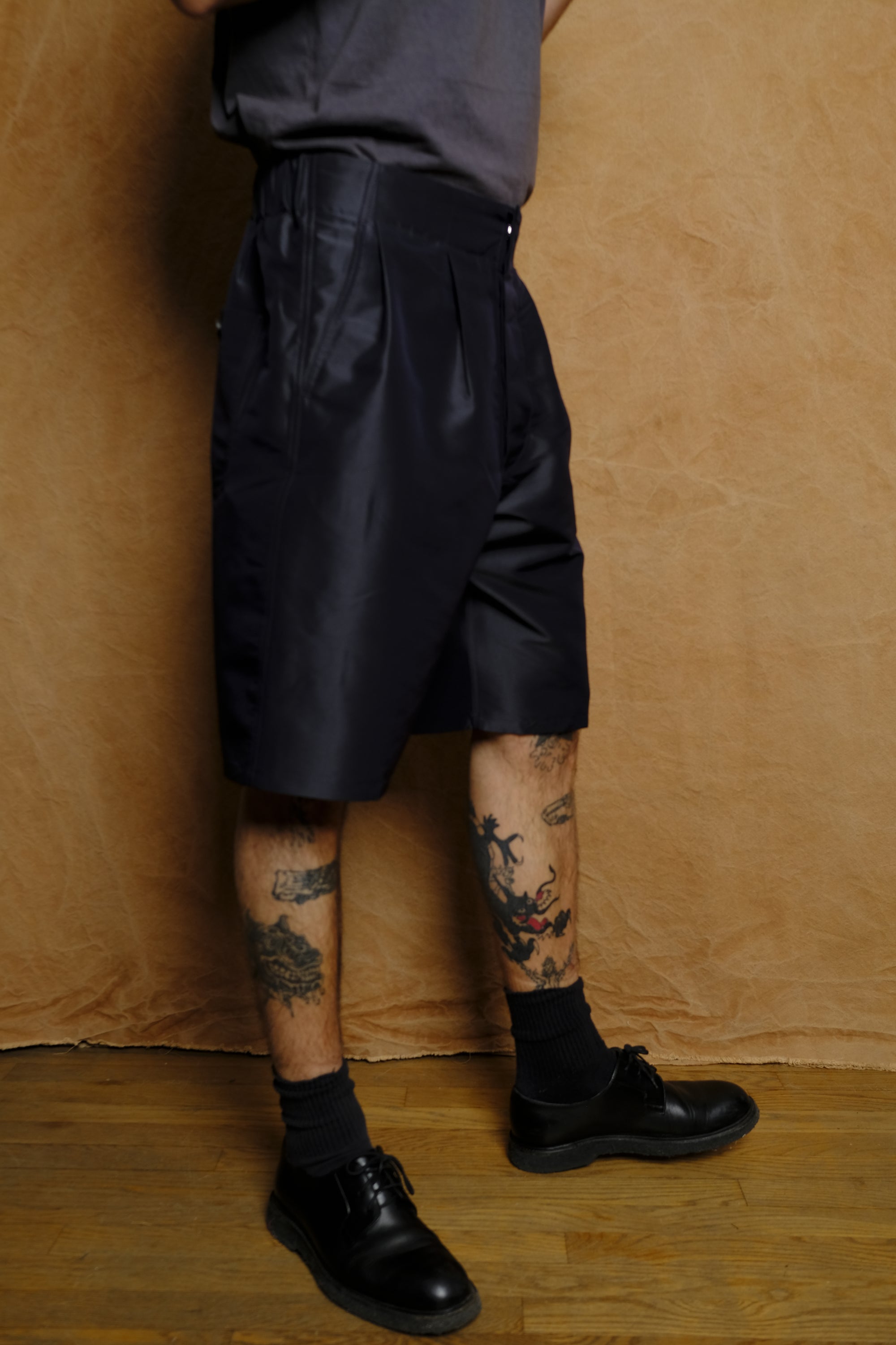 silk blend set up tucked shorts in navy