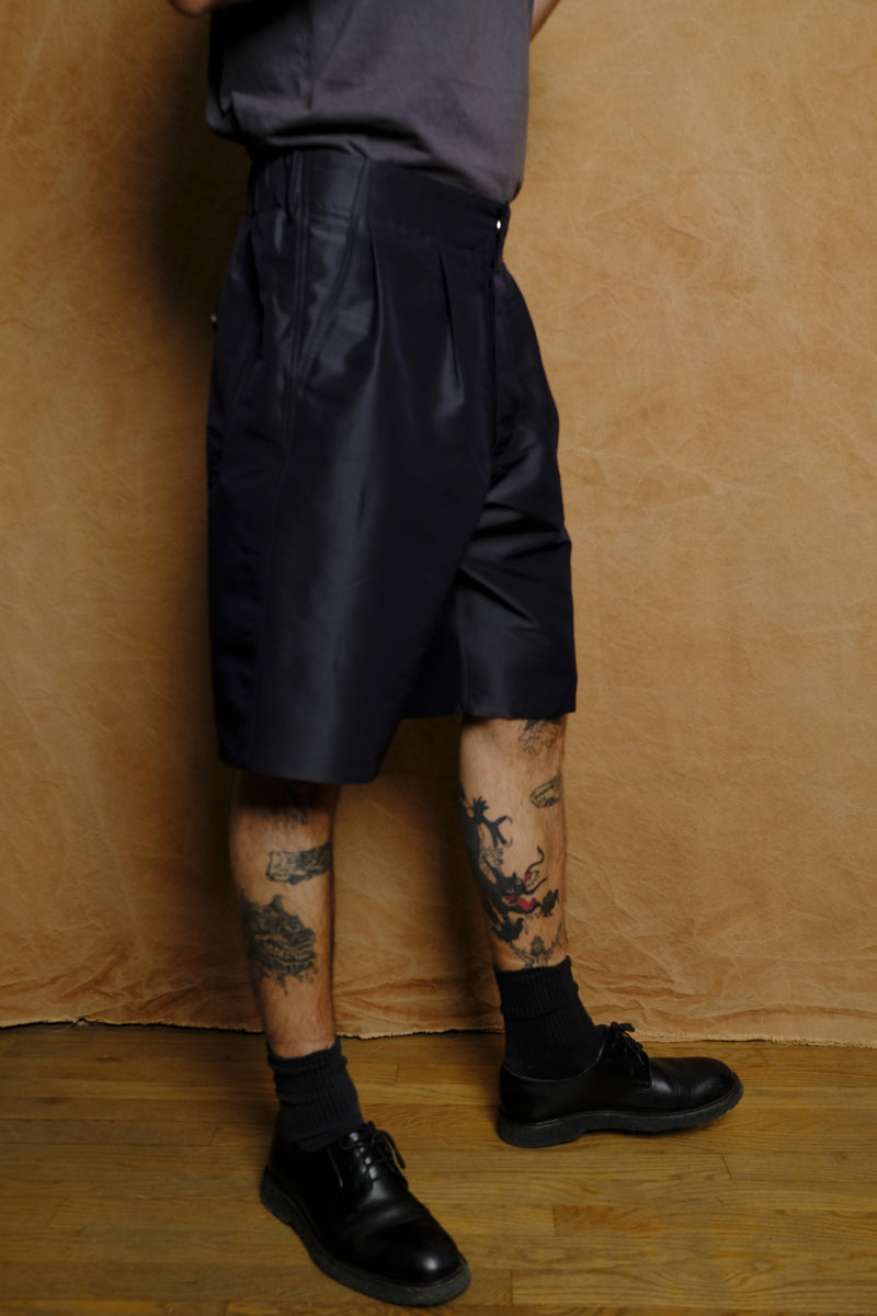 silk blend set up tucked shorts in navy
