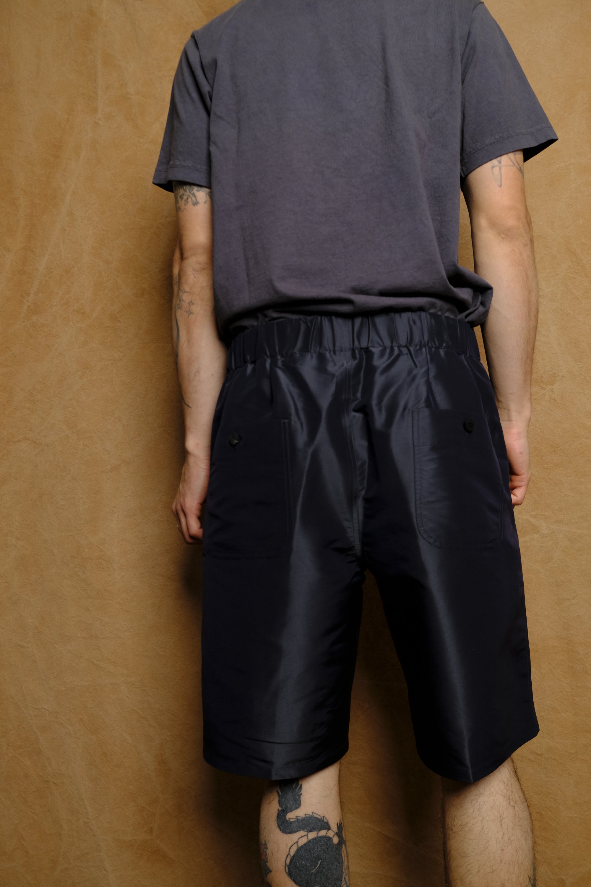 silk blend set up tucked shorts in navy