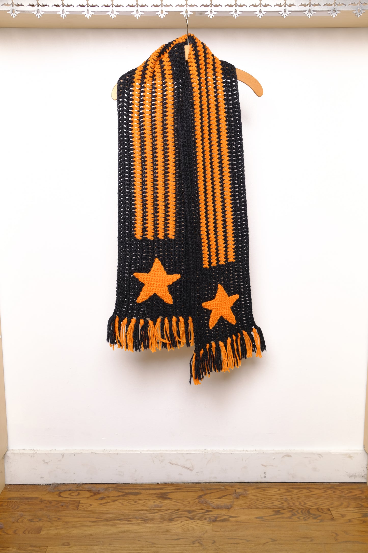 black / orange hand knit scarf