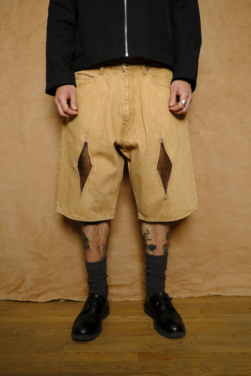 baggy jean cut short in diamond cutout quicksand selvedge denim