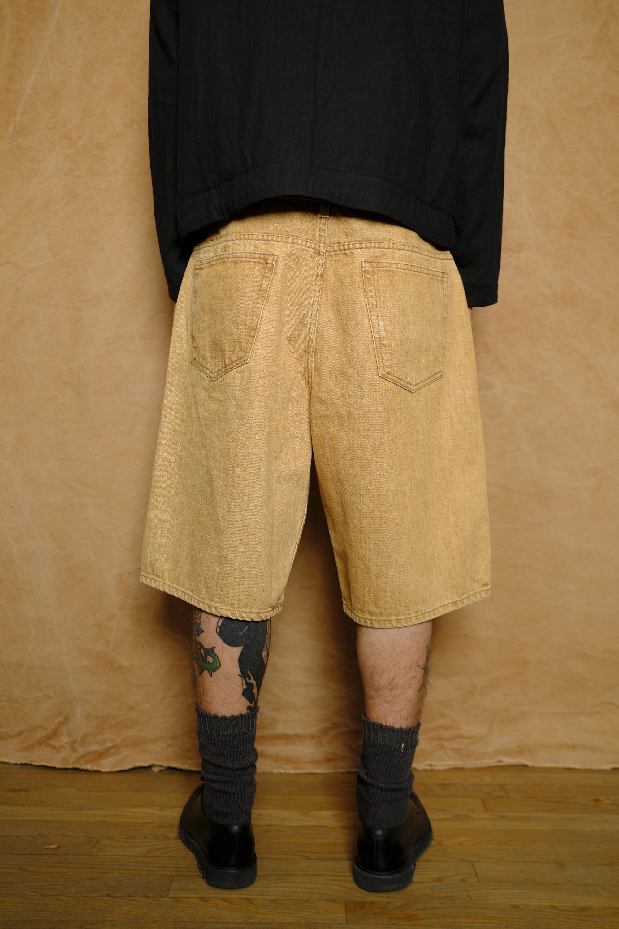 baggy jean cut short in diamond cutout quicksand selvedge denim