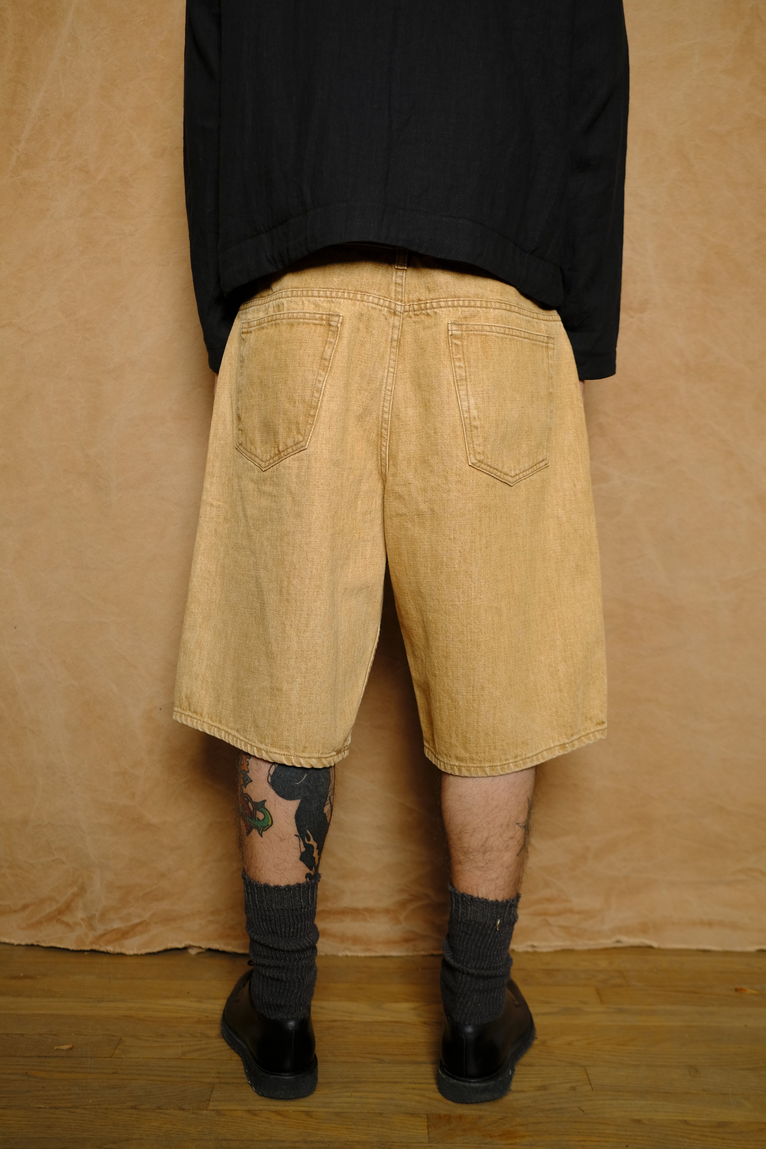 baggy jean cut short in diamond cutout quicksand selvedge denim