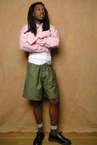 high sports shorts in olive slub sateen
