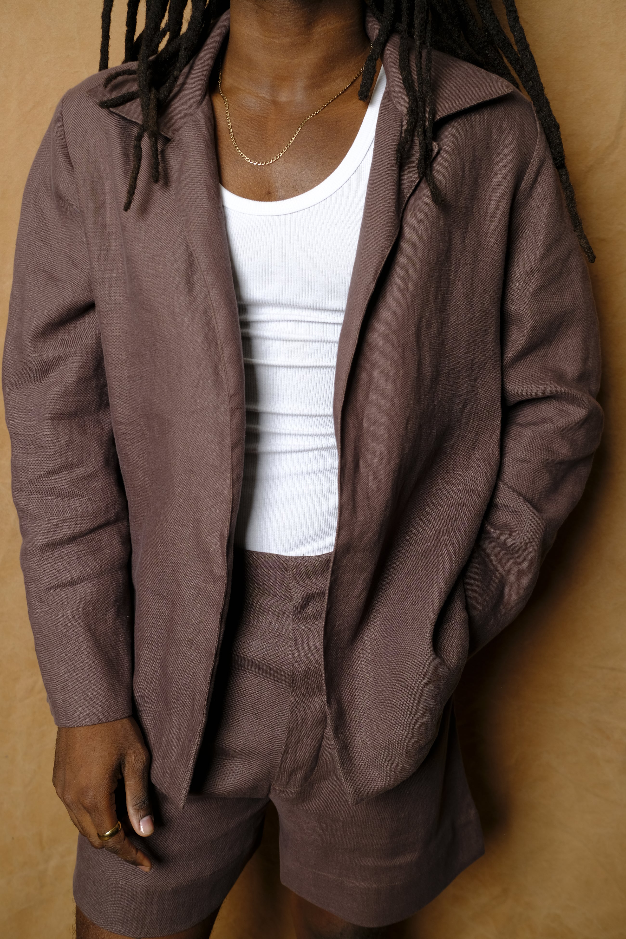 blouson in mushroom linen oxford