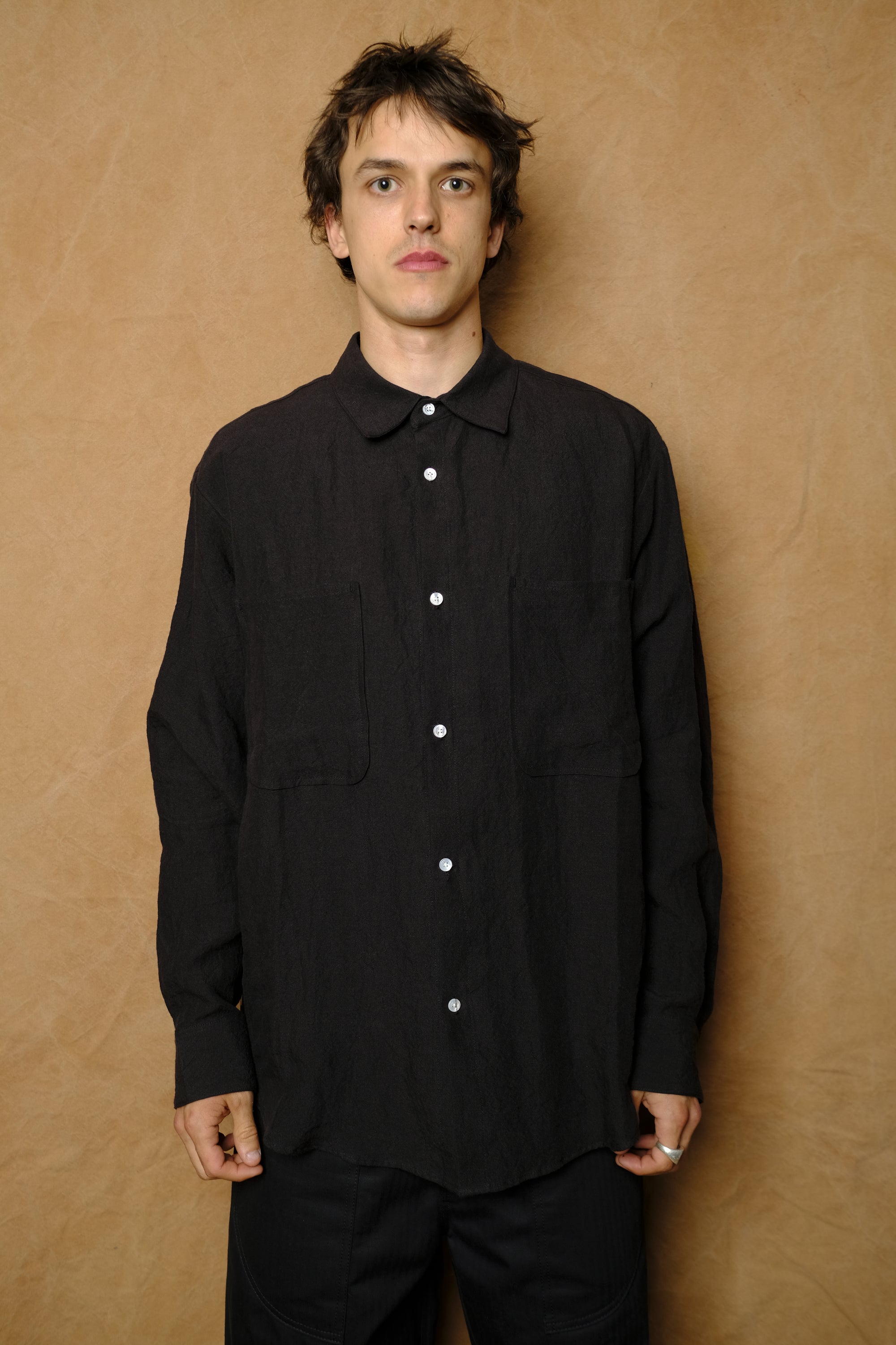 office shirt in black laundered irish linen