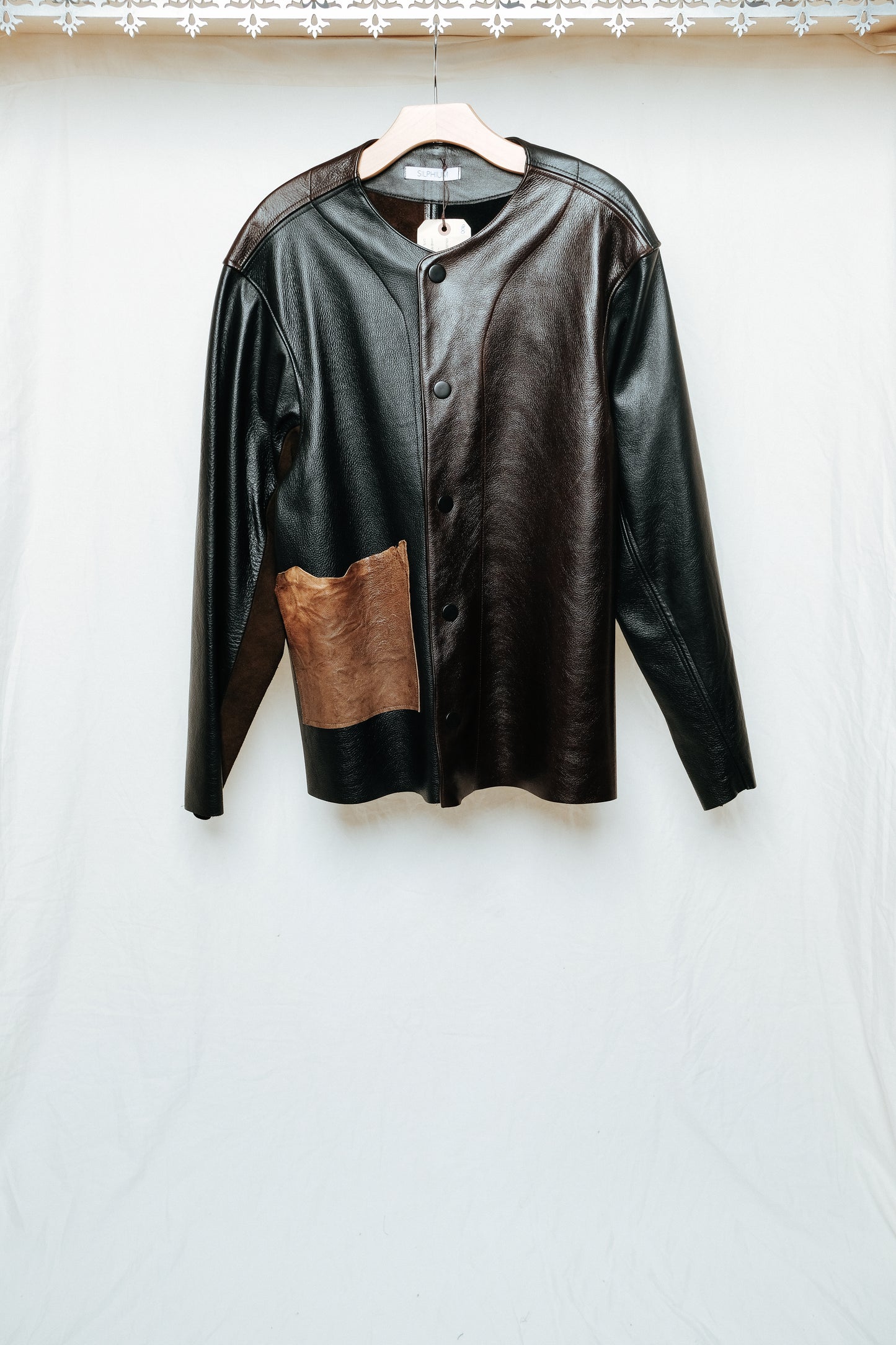 raw edge leather patchwork bomber - size large