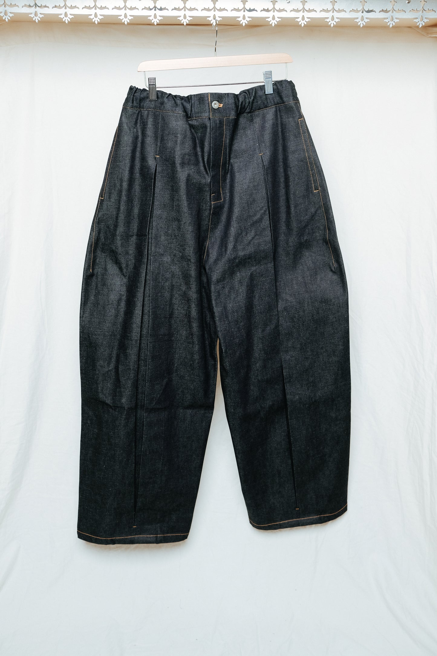 raw denim box pleat trouser