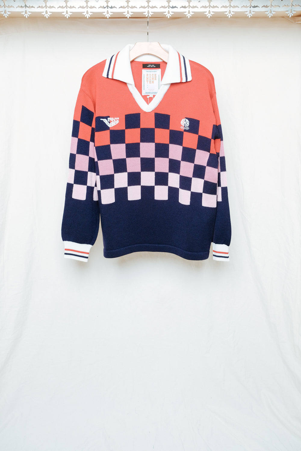 blue / pink / red checkered knit soccer jersey