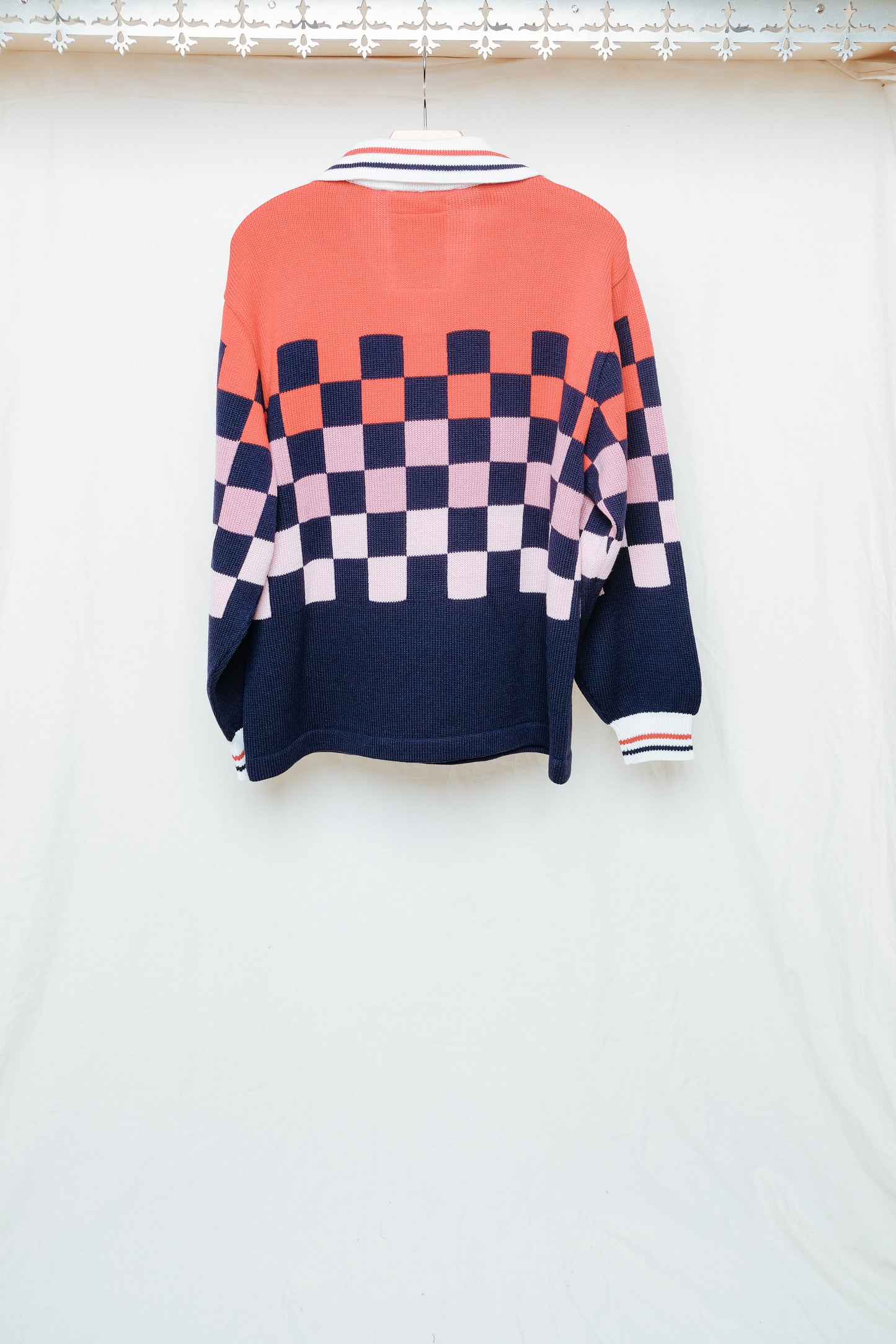 blue / pink / red checkered knit soccer jersey