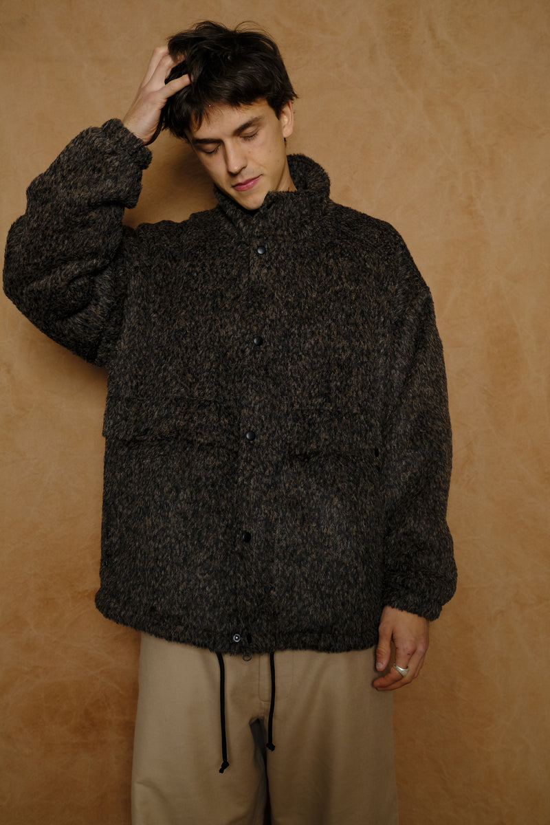 funnel coat in black/brown felted alpaca wool