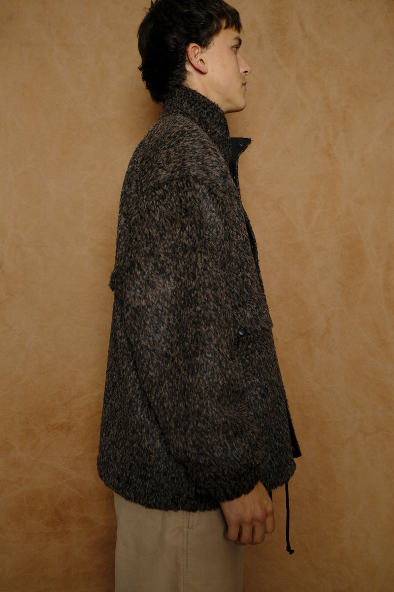 funnel coat in black/brown felted alpaca wool