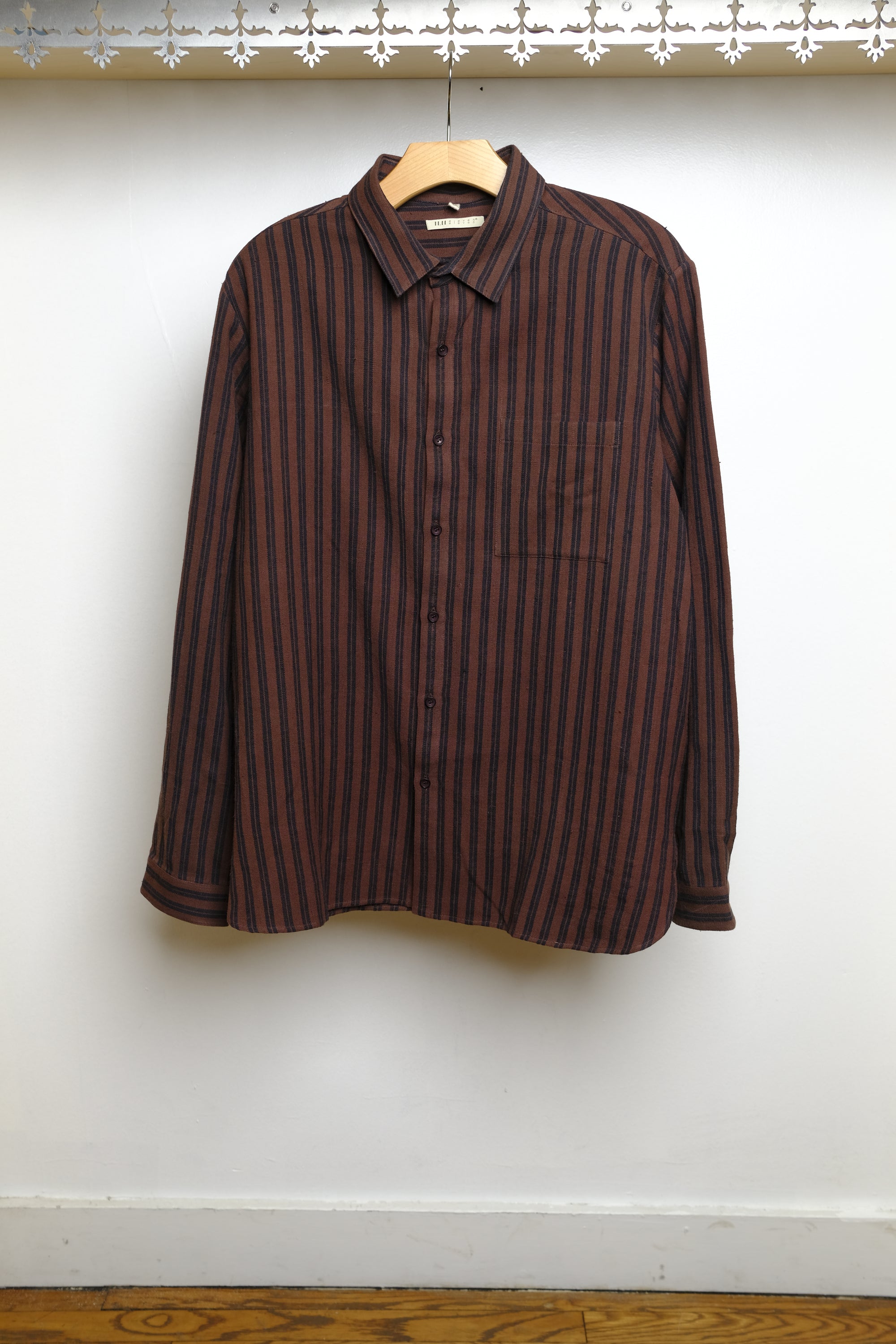 burnt umber yarn dyed striped cotton shirt