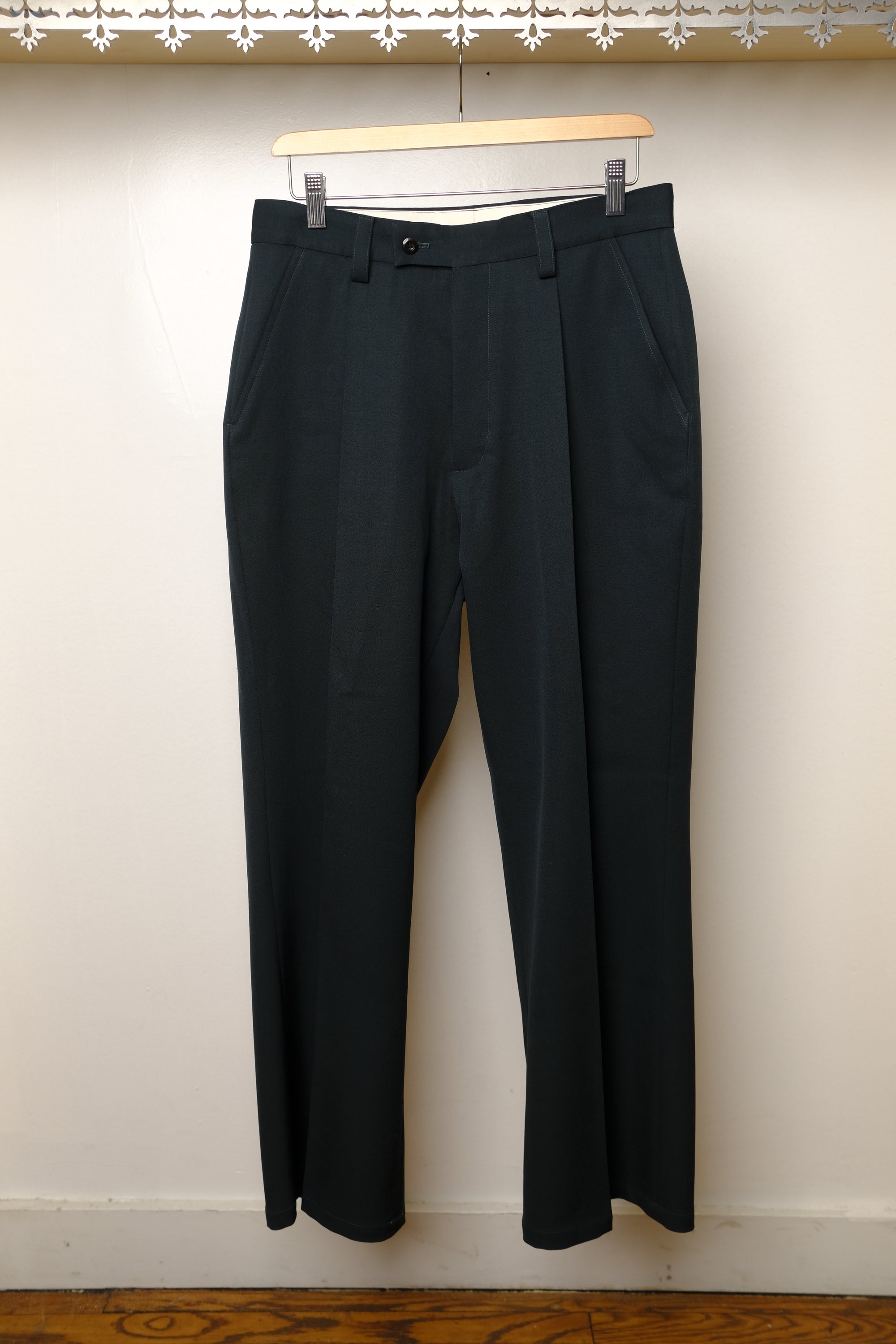 loose fit wool slacks in dark green