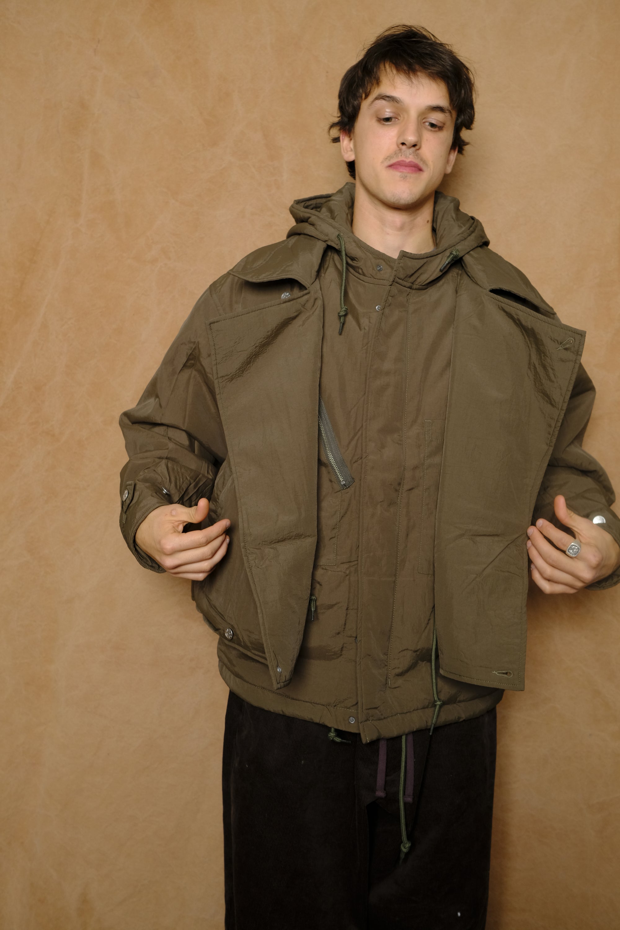 double cushy hooded jacket in olive drab