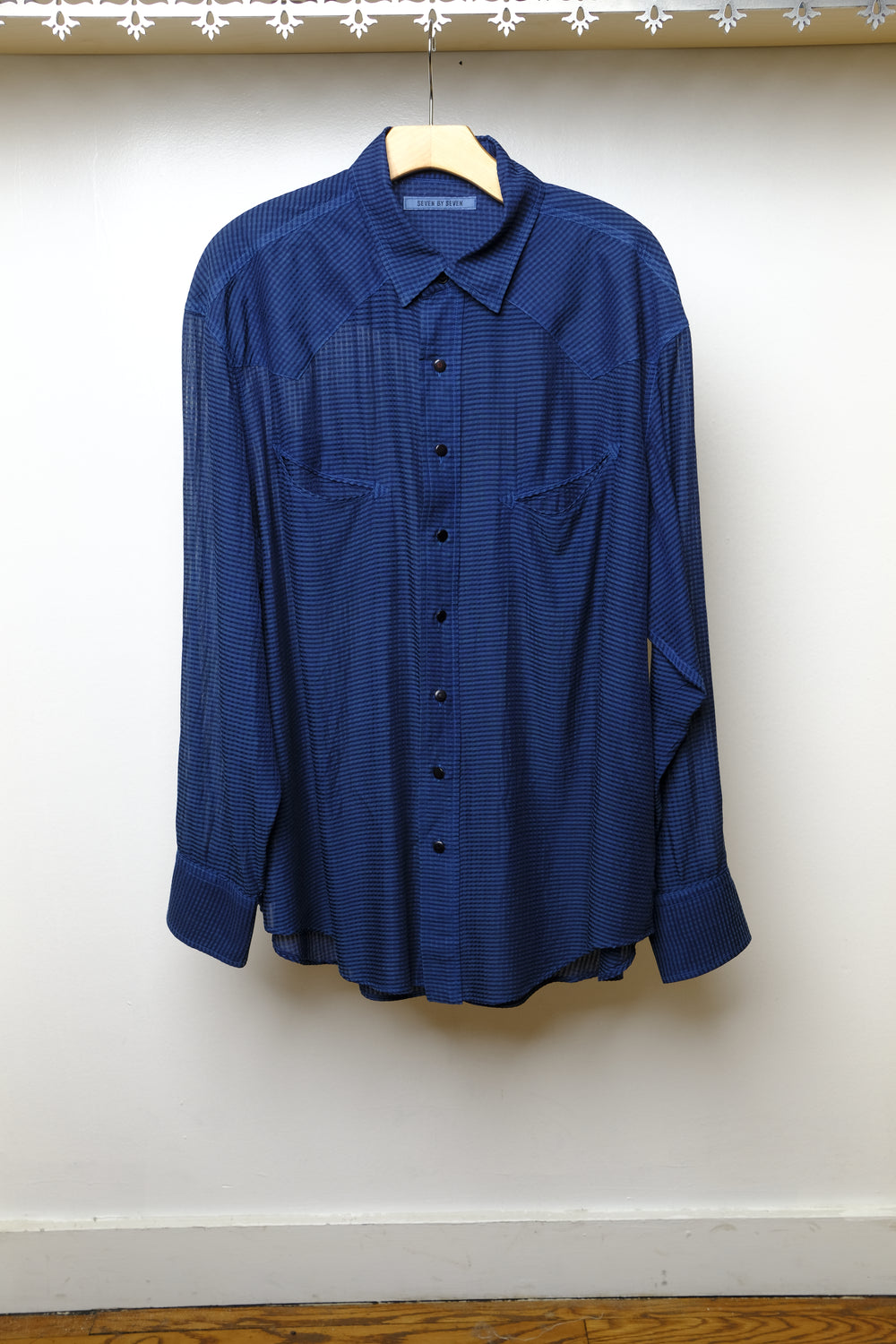aizome sheer garment dyed smile pocket western shirt in dark indigo