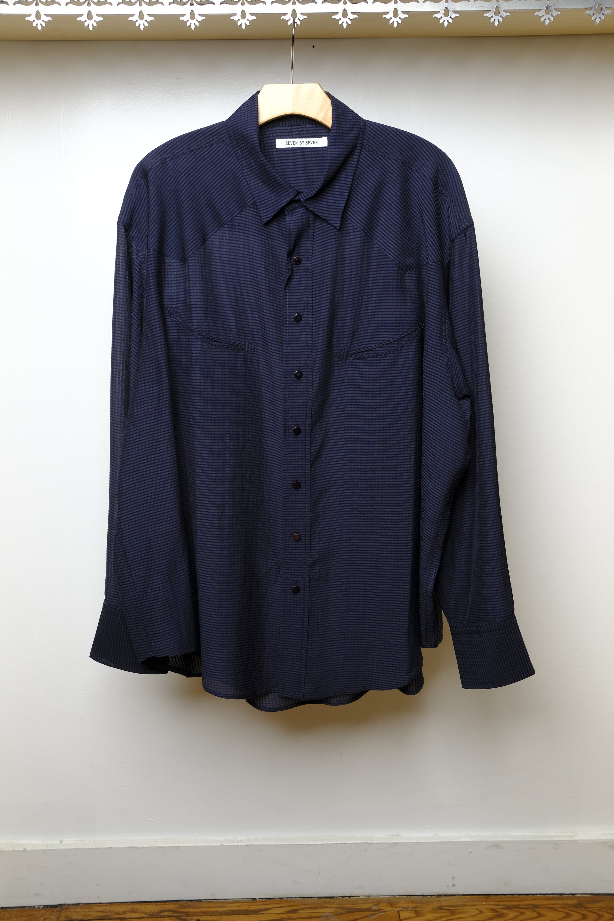 smile pocket sheer western gingham check shirt in navy