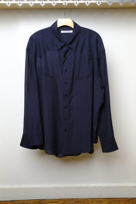 smile pocket sheer western gingham check shirt in navy