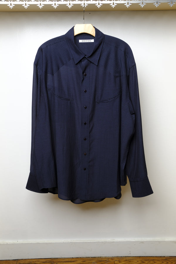 smile pocket sheer western gingham check shirt in navy