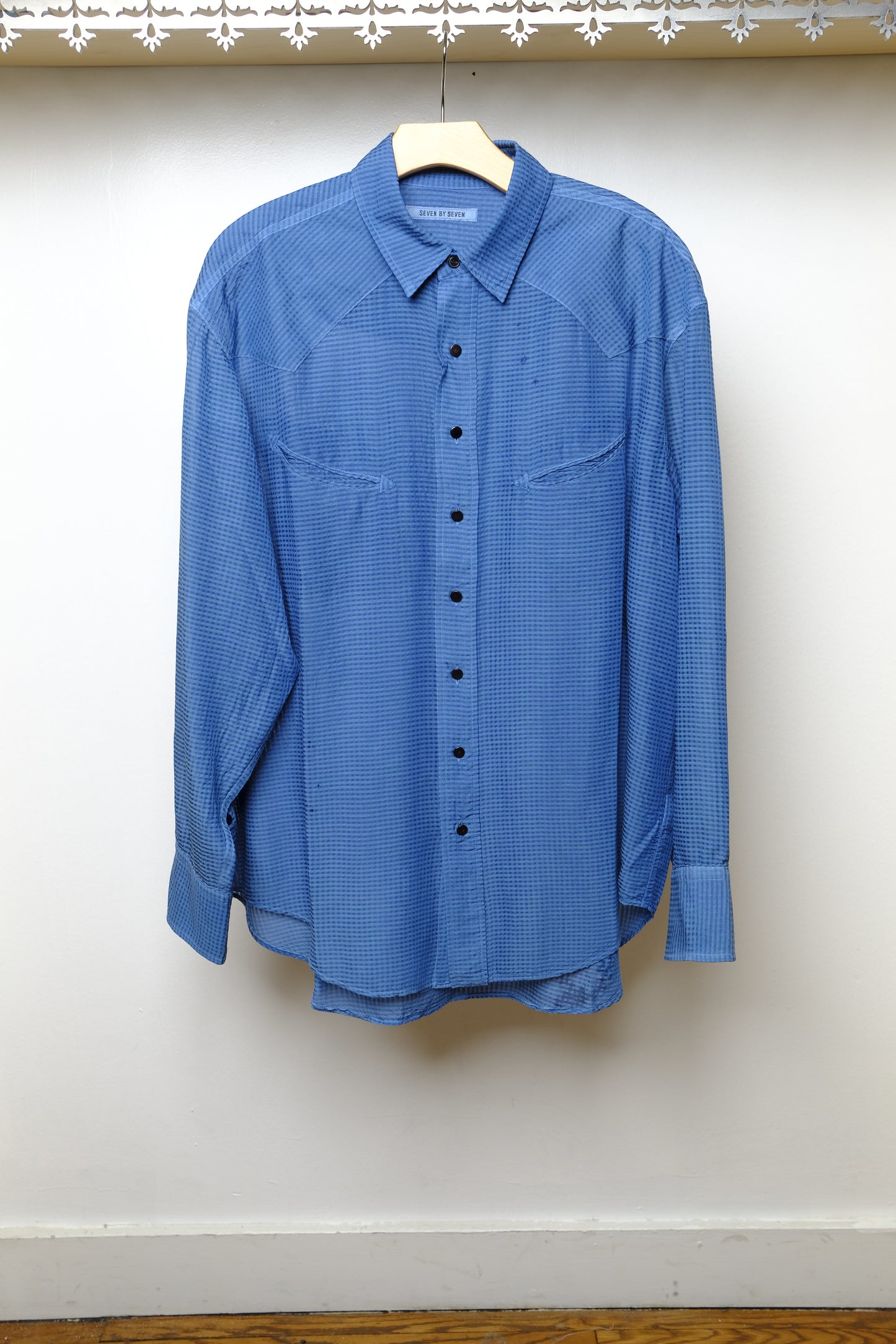 aizome sheer garment dyed smile pocket western shirt in light indigo