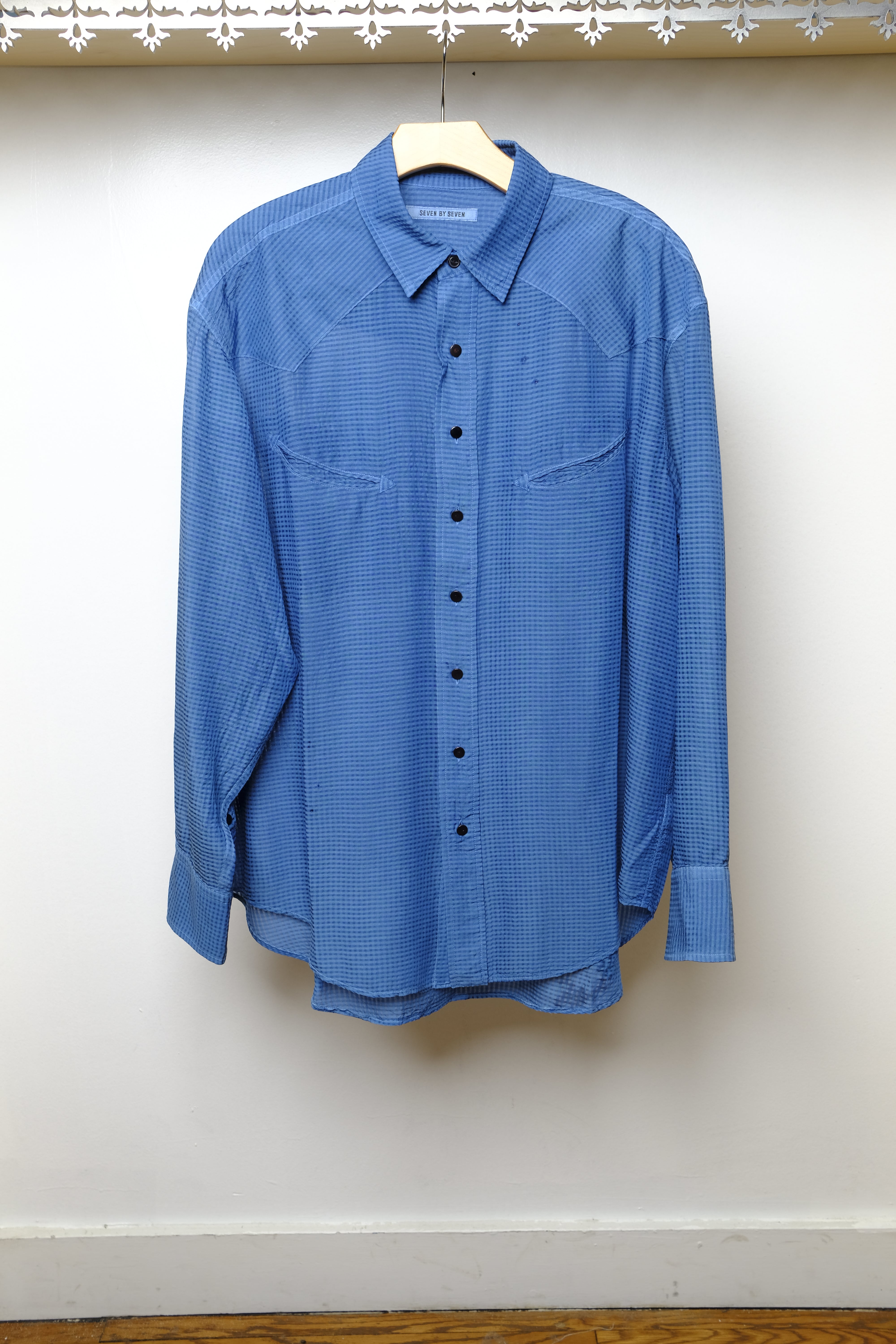 aizome sheer garment dyed smile pocket western shirt in light indigo