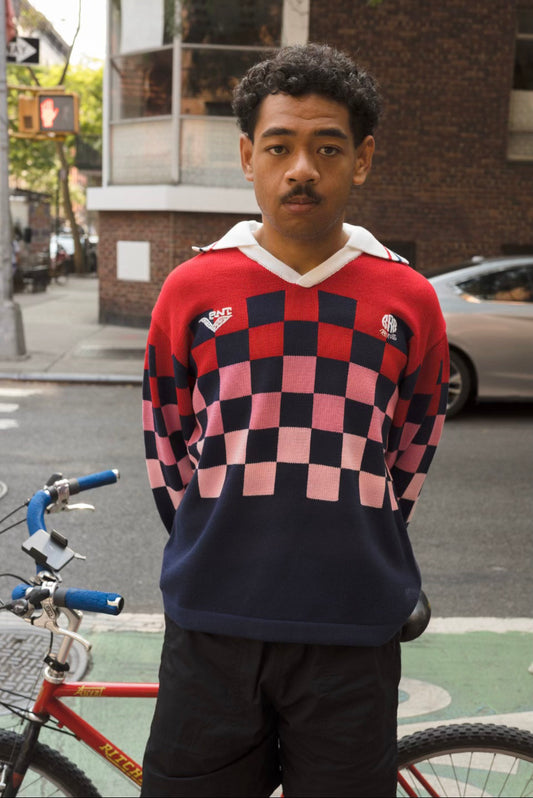 blue / pink / red checkered knit soccer jersey